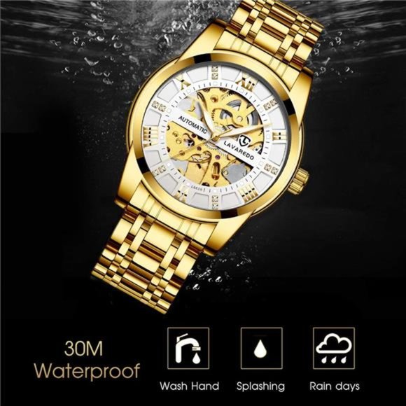 Mens Watch Skeleton Luxury Mechanical Stainless Steel Waterproof Black Automatic